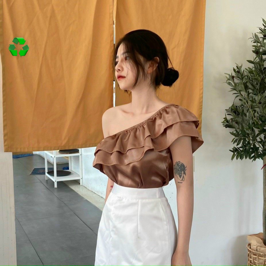 Áo phi lụa lệch vai viền bèo cực sexy , chất phi mềm mịn mát