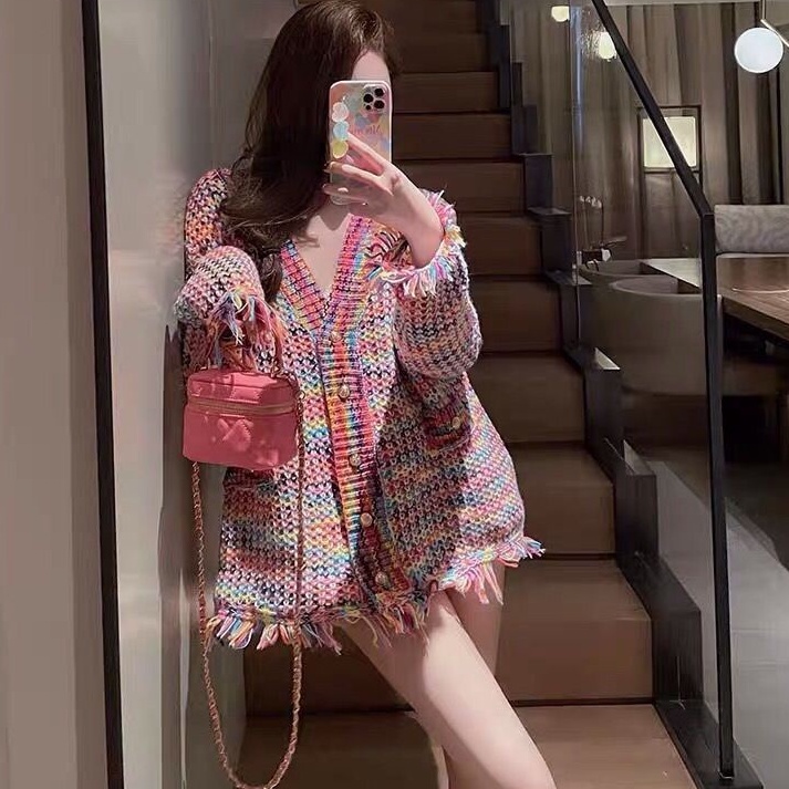 Áo khoác cardigan dệt kim cổ chữ V dáng rộng phối tua rua nhiều màu sắc thời trang mùa thu cho nữ