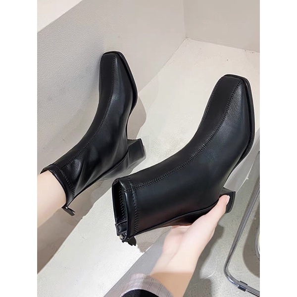 Giày boots da nữ cổ lửng khoá sau gân chéo Cao Cấp AA22 - bốt da nữ cao gót da mềm xuất sịn [hàng sẵn] | WebRaoVat - webraovat.net.vn