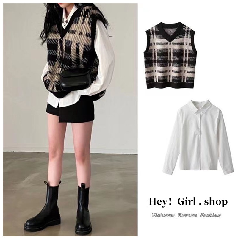 Áo sweater không tay cổ chữ V dáng rộng phong cách