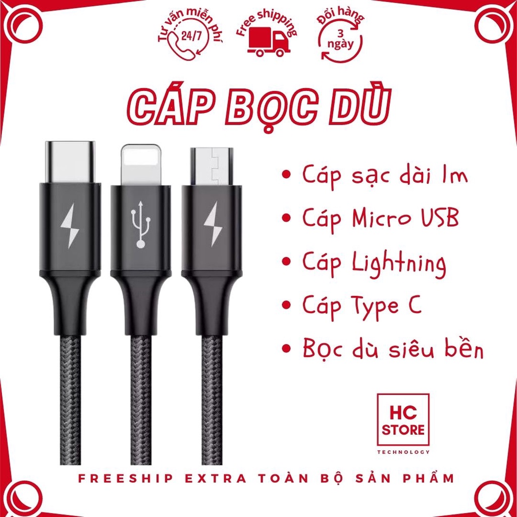 Cáp Sạc Lightning-Micro-Type C - Bọc Dù - Cáp dài 1m - Hoco X38 - Sạc Nhanh