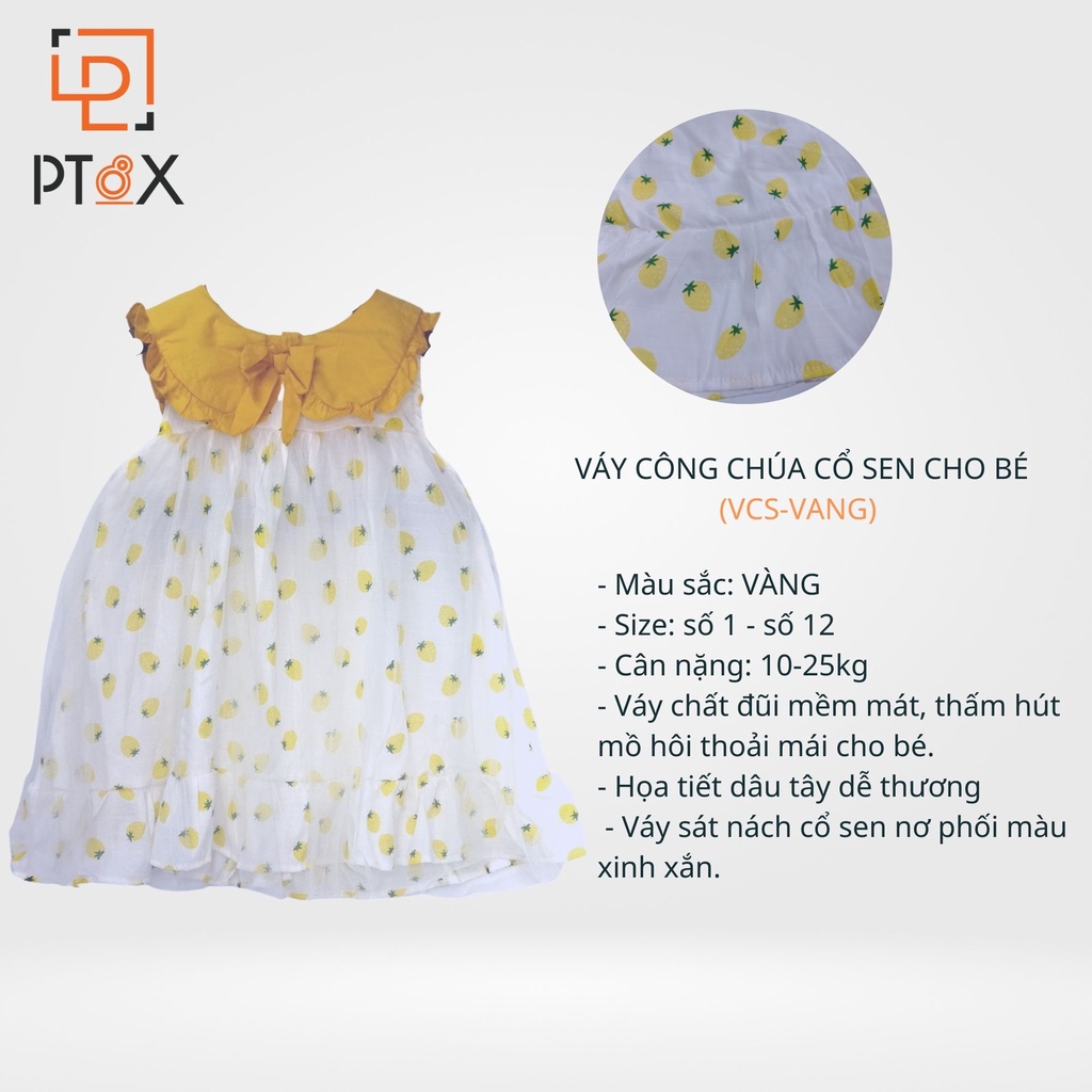 Váy Công Chúa Cổ Sen Dáng Babydoll Cho Bé Chất Đũi Họa Tiết Dâu Tây Dễ Thương 10-25kg PT8X