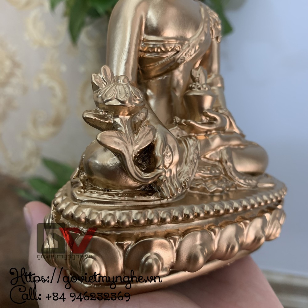 Tượng đá trang trí Phật Dược Sư Lưu Lý Quang ngồi trên đài sen - Chiều cao 16cm - Màu nhũ đồng