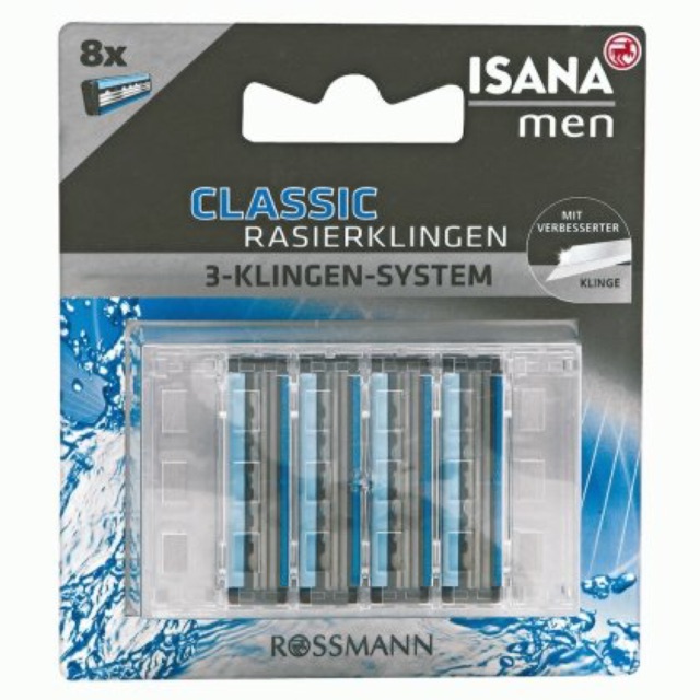 Set 8 lưỡi cạo dâu thay thế dao cạo 3 lưỡi Isana Classic Rasierklingen 3-Klingen-System 8pcs