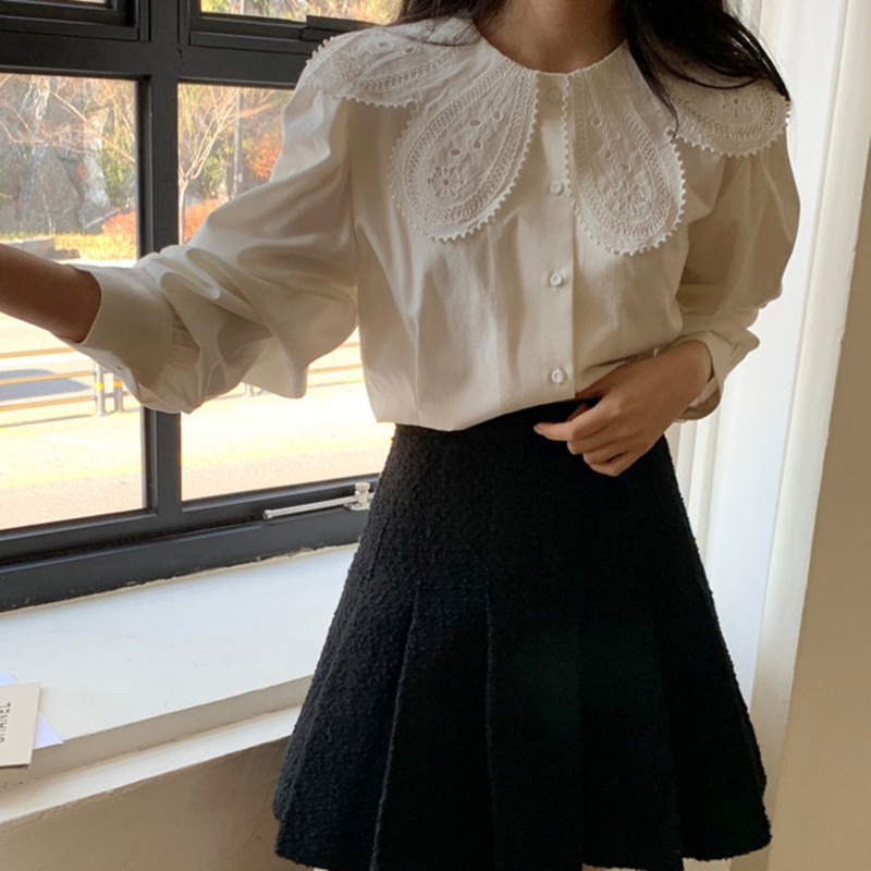 Áo sơ mi IELGY dài tay có cổ không đối xứng theo phong cách retro cá tính Hàn Quốc cho nữ