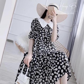 Đầm babydoll, Đầm bầu hoa cúc - Váy hoa cúc thiết kế cổ sen H0121 Chất liệu Lụa Tằm mềm nhẹ thoáng mát