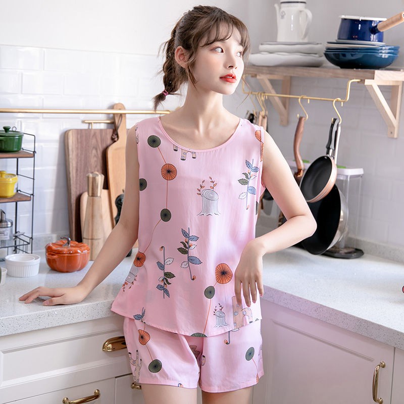 Bộ Đồ Ngủ Gồm Áo Không Tay Và Quần Ngắn Bằng Cotton Lụa Thời Trang Mùa Hè Dễ Thương Dành Cho Nữ | BigBuy360 - bigbuy360.vn