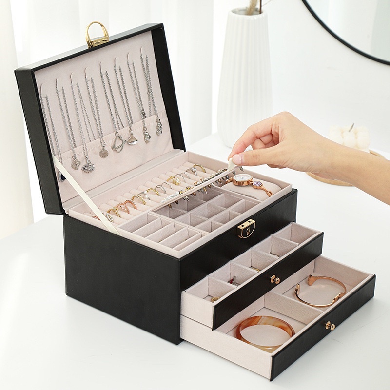 Hộp đựng trang sức 3 tầng bọc da vân nổi có khoá - Hộp đựng trang sức cao cấp