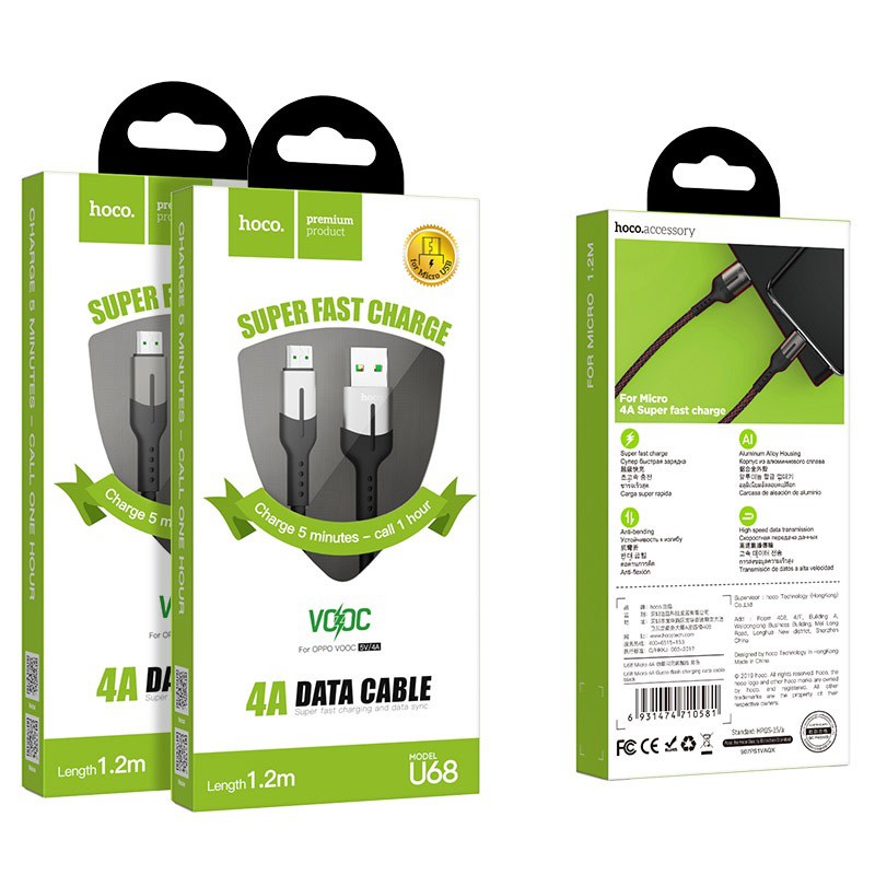 Cáp sạc nhanh HOCO U68 4A Micro và 5A Type C dài 1.2m
