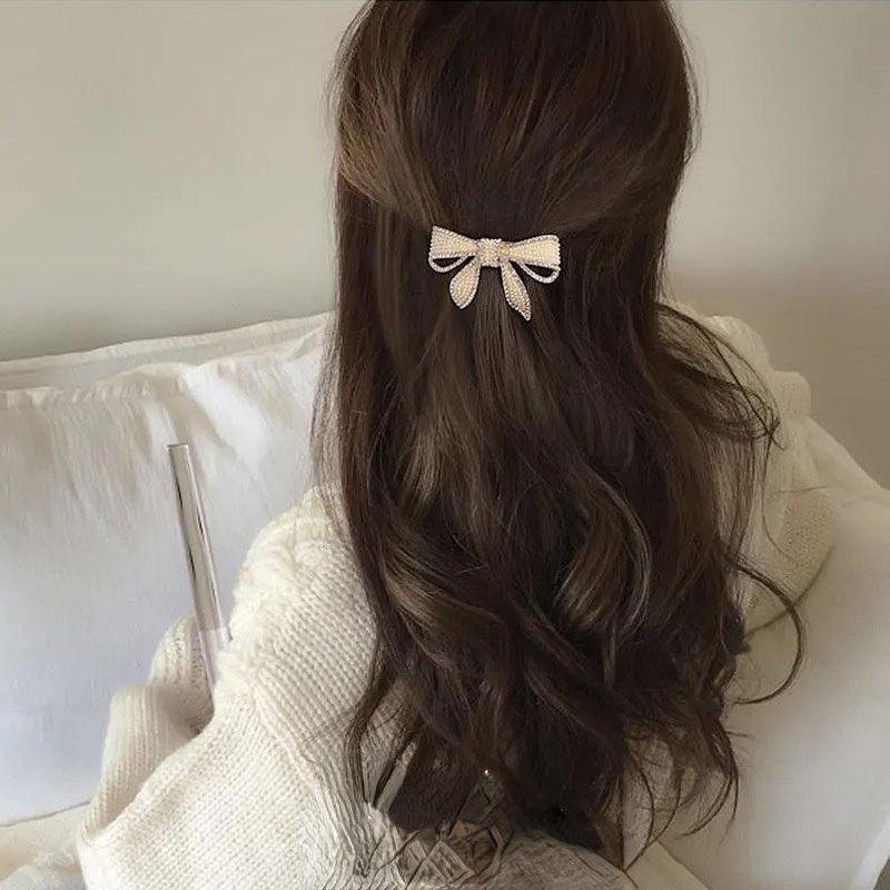 Kẹp Tóc Hình Nơ Đính Đá Ngọc Trai Thời Trang Phong Cách Hàn Quốc Mới Cho Nữ