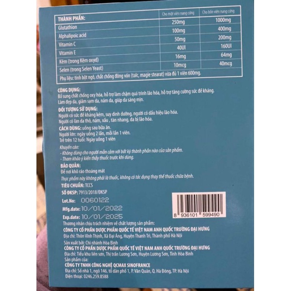 Trắng da GLUTATHIONE 1000  viên uống giảm nám mờ nhăn nâng tông tức thì. Hộp 30 viên