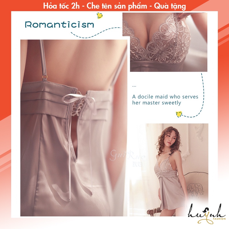 Váy ngủ hai dây phối ren chân ngực xếp ly cao cấp GUIRUO - N64