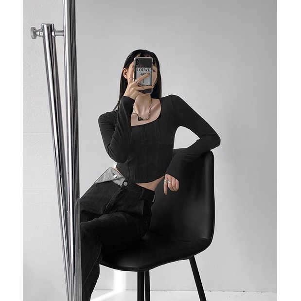 Áo Croptop Dài Tay Cổ Vuông Màu Sắc Đơn Giản Cho Nữ