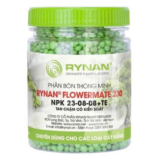 RYNAN FLOWERMATE 230 hũ 150gr - NPK 23-08-08+TE dùng cho cây ở mọi giai đoạn, giúp cây ra chồi mới tốt lá xanh mướt