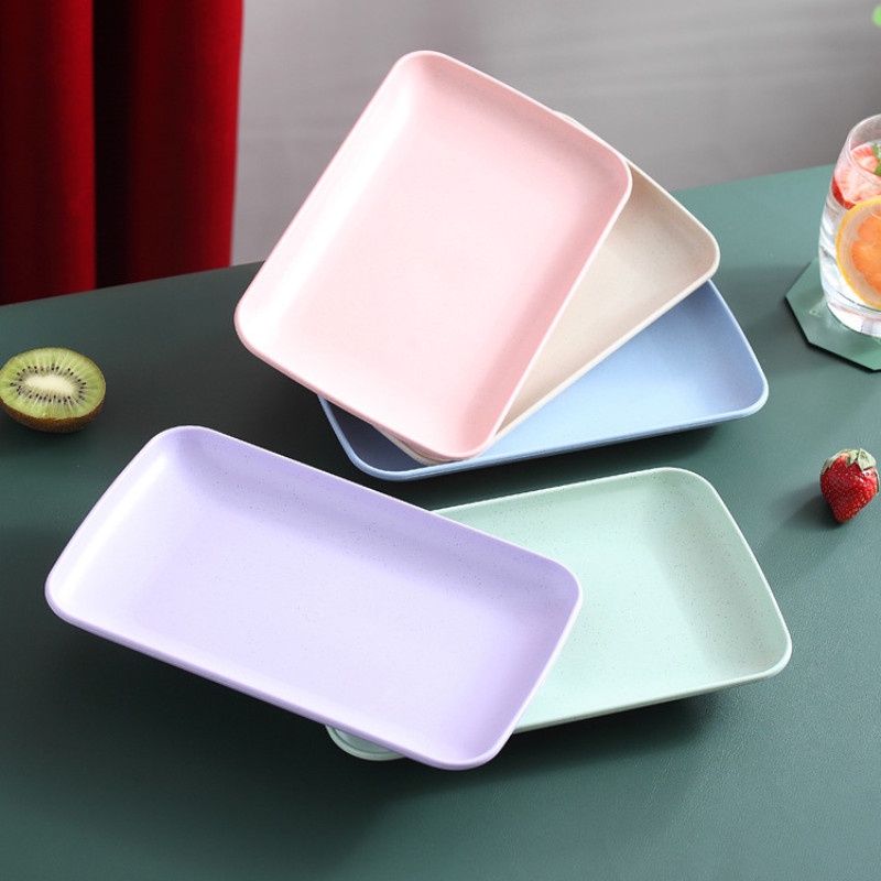 Dĩa nhựa lúa mạch chữ nhật đựng đồ ăn, đĩa nhựa lúa mì đẹp cao cấp màu pastel xinh xắn