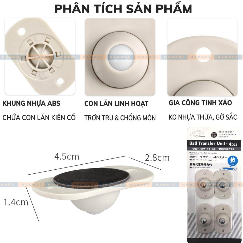 COMBO 4 Bánh Xe Nhựa Hamart Bánh Xe Di Chuyển Đồ Vật DÁN 3M XOAY 360° CHỊU TẢI LỚN TIỆN LỢI