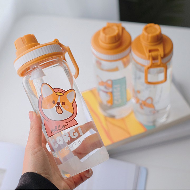 HCM - Bình thủy tinh chó Corgi hoạt hình 500ml có ống hút cho bé