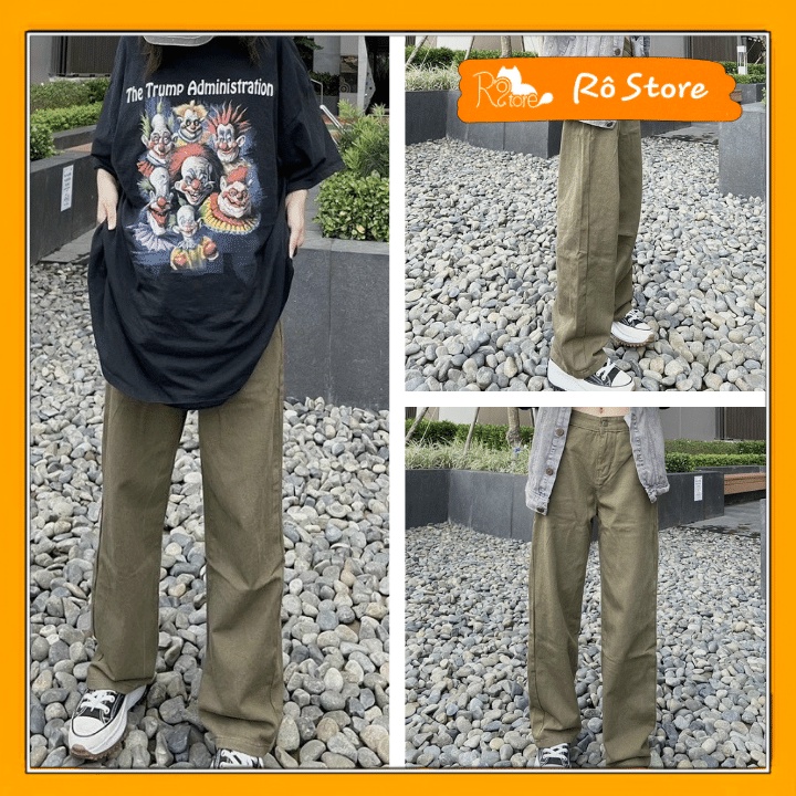 Quần jean nữ ống rộng lưng cao màu xanh rêu hot trend phong cách Ulzzang chất jean cotton dày dặn Rô Store QD48