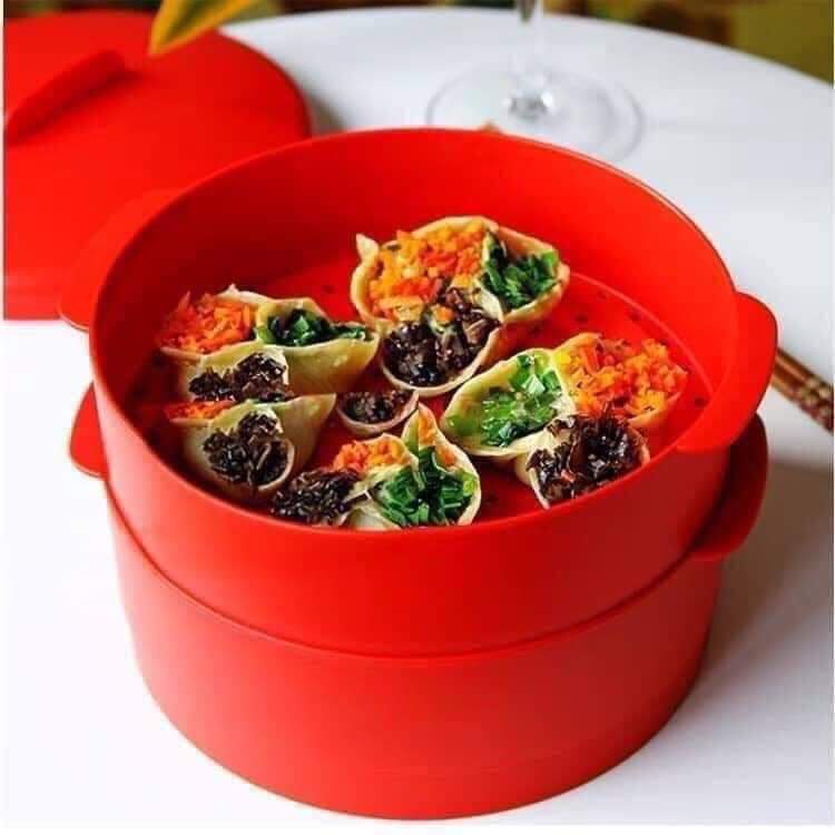 Xửng Hấp Tupperware Steam It 2 3 Tầng Màu đỏ xanh Thiết Kế Khít Chặt Khép Kín Tăng Áp Suất Hấp Chín Nhanh Dễ Dàng