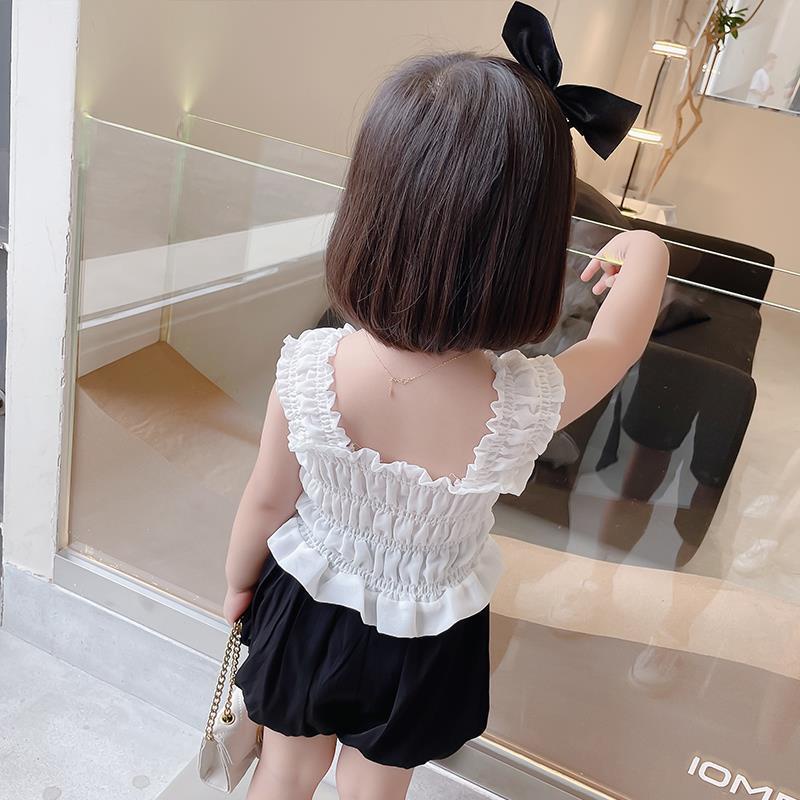 Áo voan không tay đính nơ+quần đùi thời trang hè Hàn Quốc cho bé gái