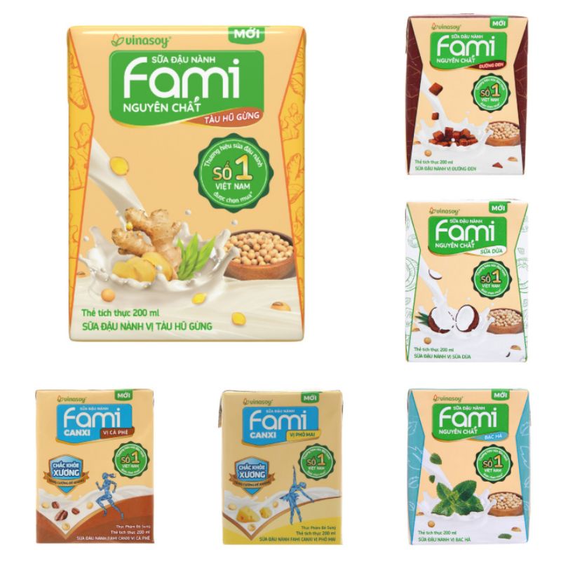 [HÀNG MỚI] Sữa đậu nành Fami 1 hộp (200ml) nguyên chất, canxi, tàu hũ gừng, đường đen, sữa dừa, bạc 