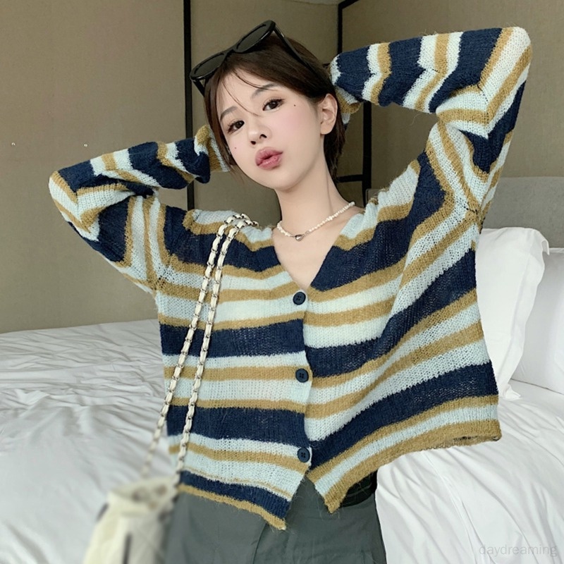Áo Khoác Cardigan Dệt Kim Tay Dài Họa Tiết Kẻ Sọc Thời Trang Cho Nữ