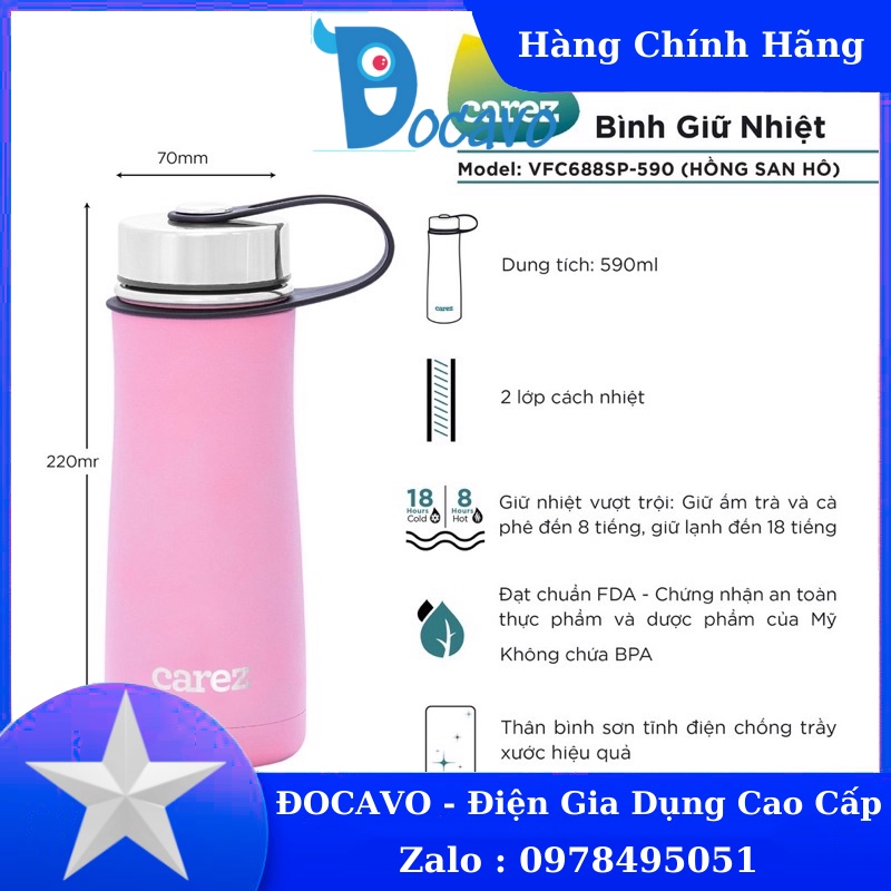 Bình giữ nhiệt thể thao CAREZ 590ML VFC688SP-590 - màu hồng Đocavo