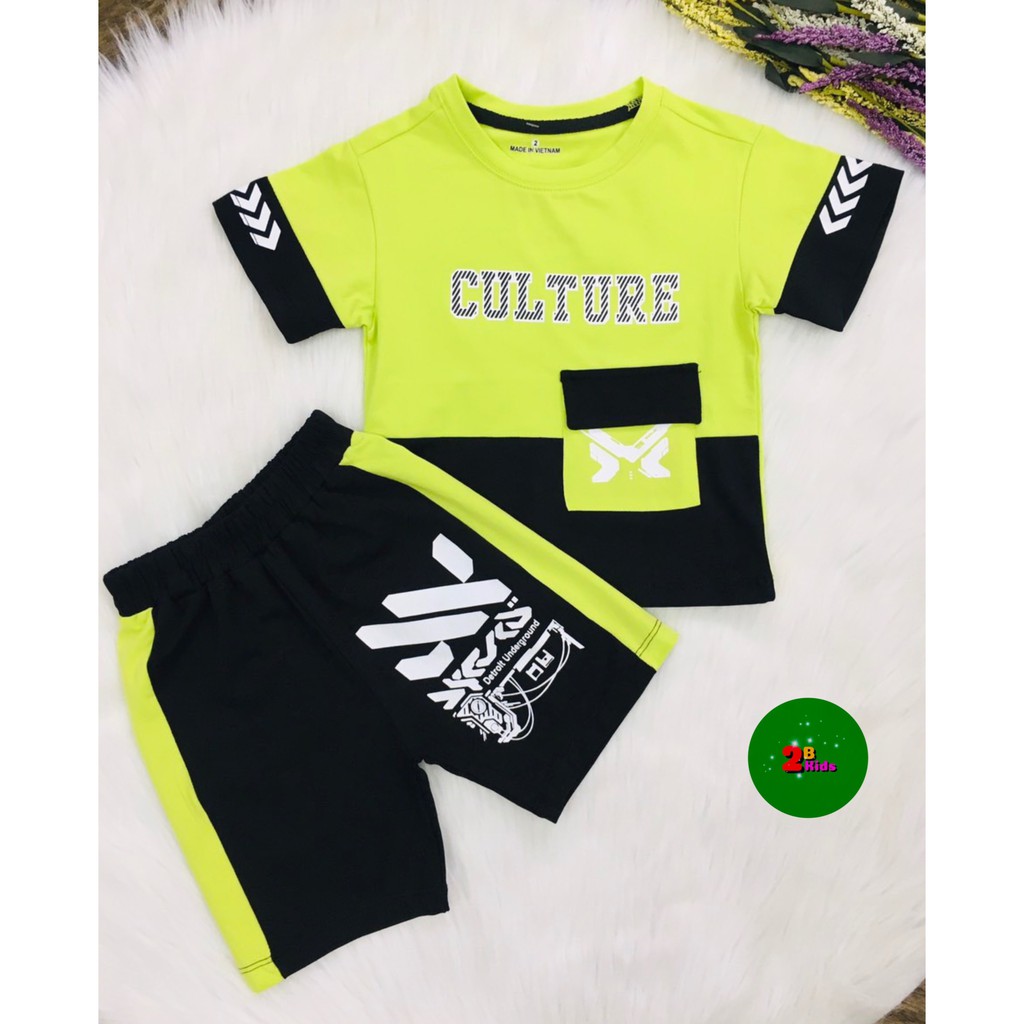 Bộ thun cho bé kiểu hip hop , phom Hàn Quốc phối màu xanh dạ quang với màu đen thật nổi bật cho bé từ 9-30kg