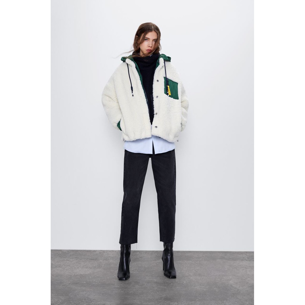 ÁO KHOÁC LÔNG ZARA XUẤT DƯ TUỒN CÓ MŨ NỮ MÀU TRẮNG