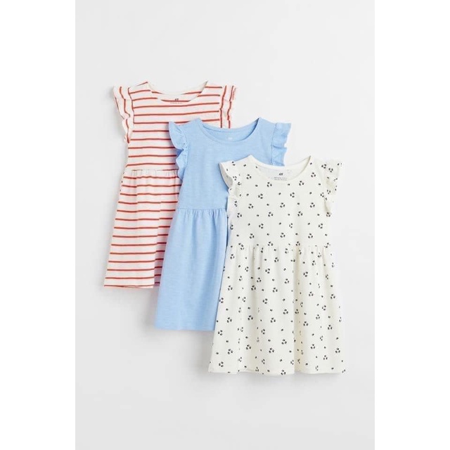 Váy bé gái Combo 3 đầm cánh tiên H.M mix màu trơn bi kẻ chất cotton mềm mịn thoáng mát
