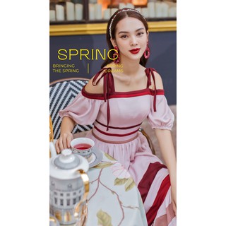 SÒ VINTAGE - HAKIO Đầm xòe rớt vai phối màu