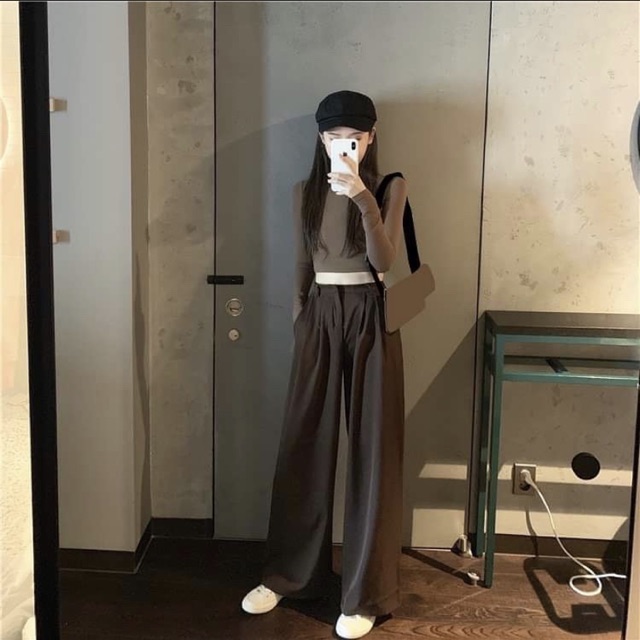 Áo Tay Dài Thun Ulzzang Nâu, [ADORABLE], Quần Kaki Dài Nâu Hot Trend 2021 Ảnh Thật