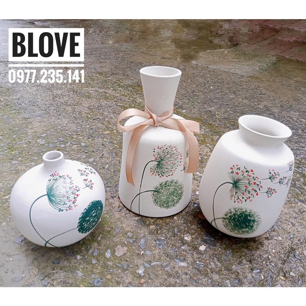 Quà tặng cao cấp, Bộ 3 Bình hoa bồ công anh,Gốm sứ bát tràng vẽ tay,Trang trí nhà cửa,decor,Quà tân gia, khai trương
