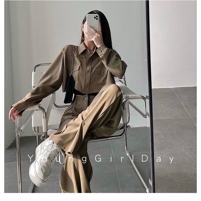 Set áo khoác somi sơmi sơ mi croptop tay dài quần âu cạp cao ống dài rộng phủ giày bấm khuy