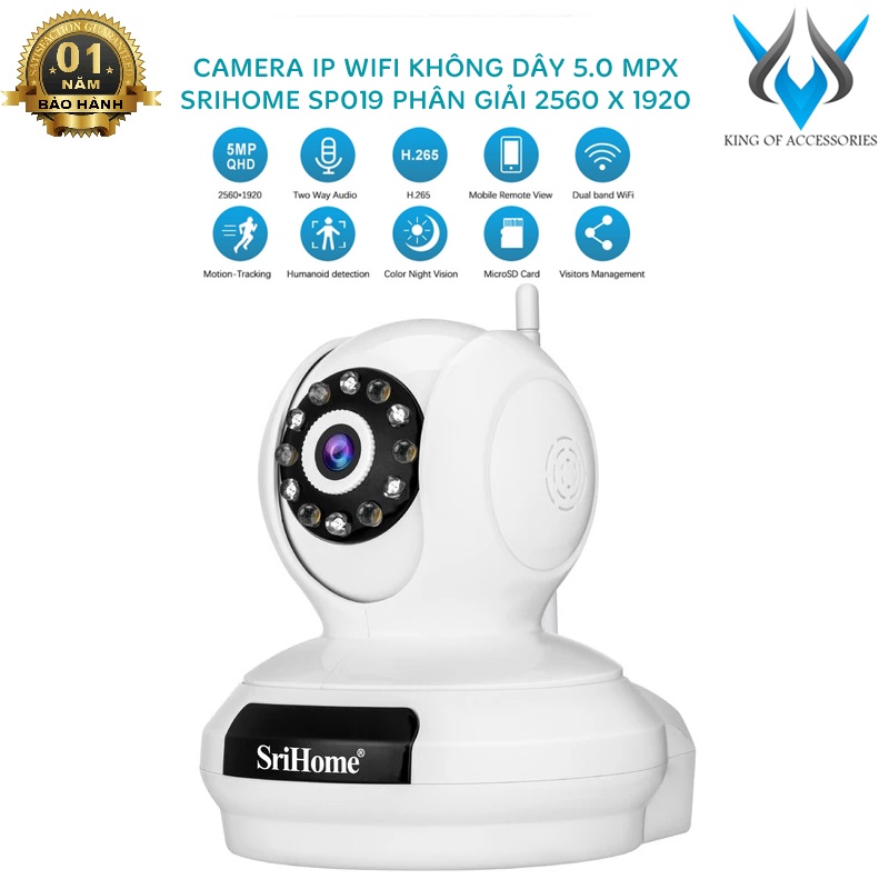 Camera IP wifi SriHome SP019 siêu nét 5.0MPx QHD 2K+ độ phân giải 2560 x 1920 - đèn trợ sáng màu ban đêm (trắng)