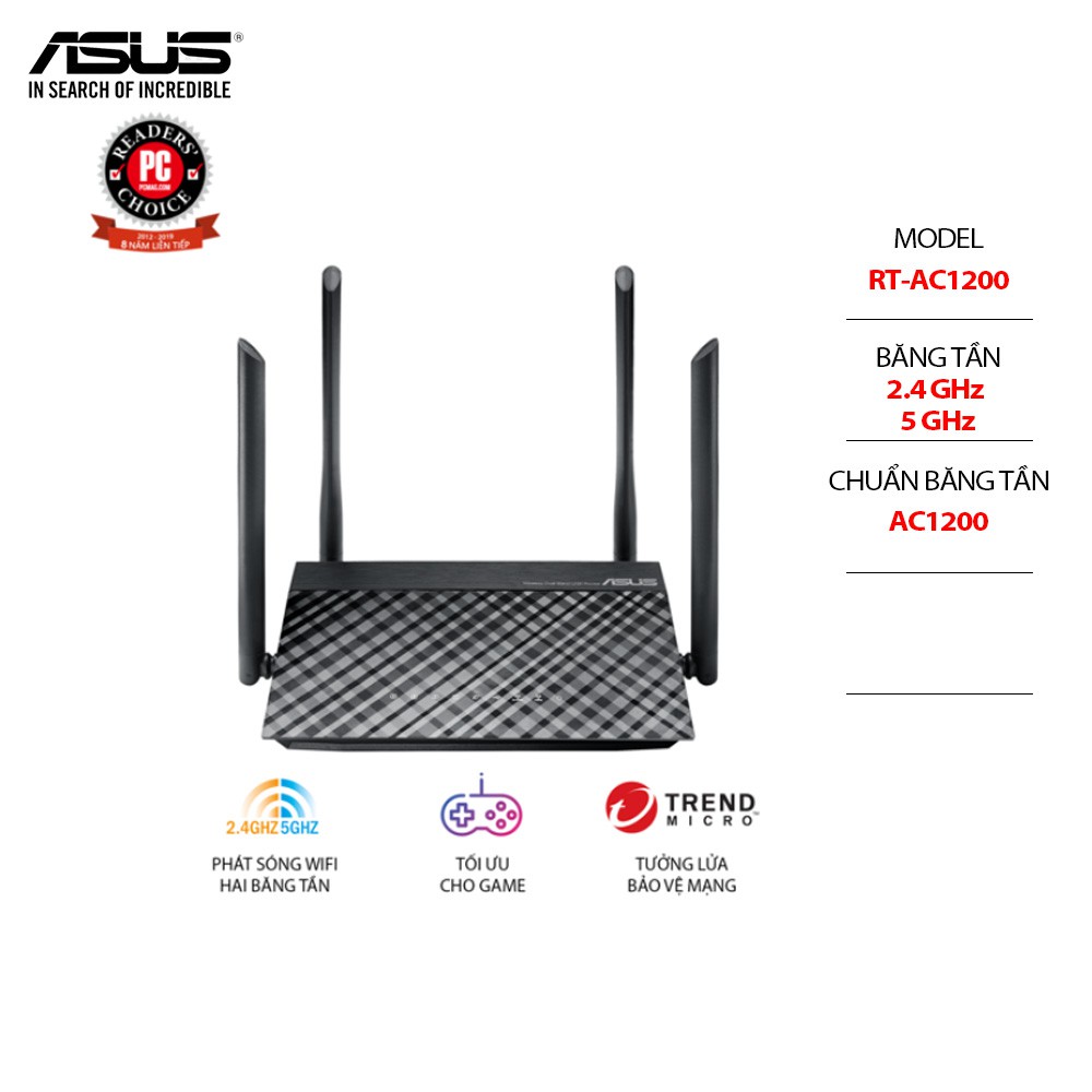 Bộ phát wifi router ASUS RT-AC1200 2 Băng Tần Kép 2.4GHz/5GHz - Chính hãng