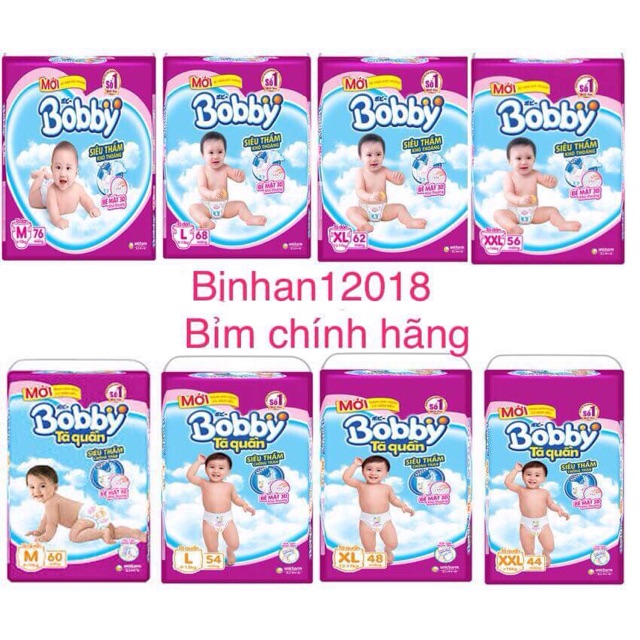 Bỉm bobby quần S44, M60, L54, XL48, XXL44, dán S56, quần/dán M76, L68, XL62, XXL56 -Shop Binhan12018