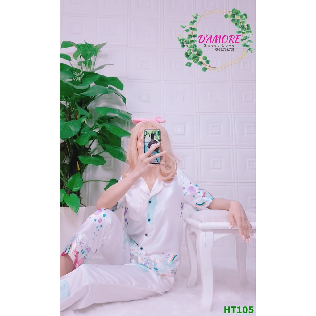 Bộ ngủ pijama hàng thiết kế quần dài tay ngắn phối chân chất lụa đẹp cao cấp