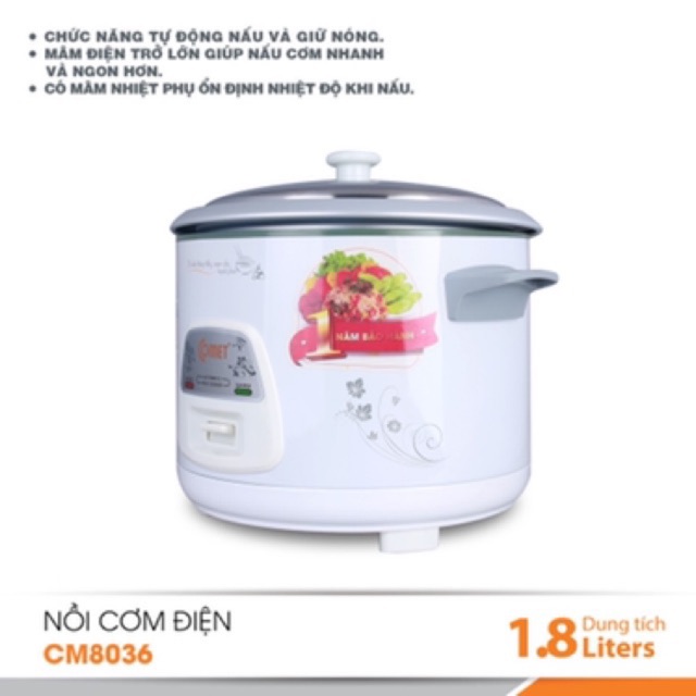 [Mã ELHADEV giảm 4% đơn 300K] Nồi cơm điện nắp rời 1.8L Comet - CM8036