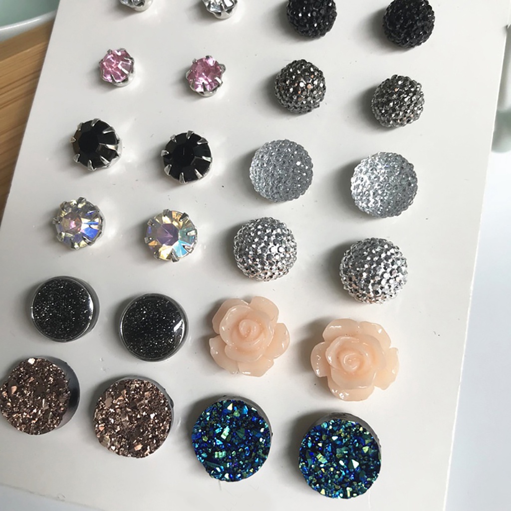 Set 12 Đôi Khuyên Tai Tròn Đính Đá Cho Nữ