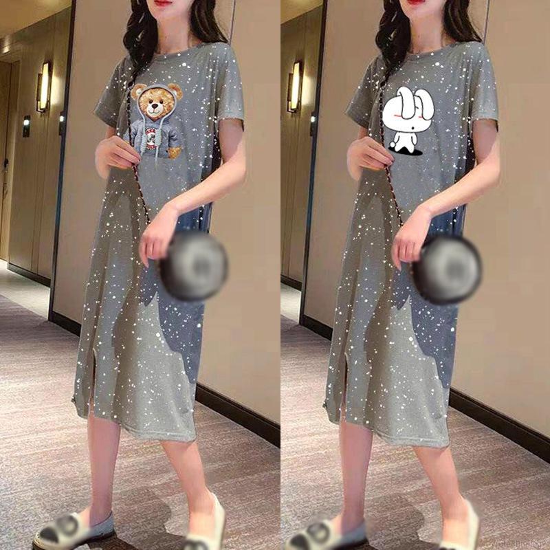 Korean Style Women Cartoon Print O-Neck Loose Casual T Shirt Dresses