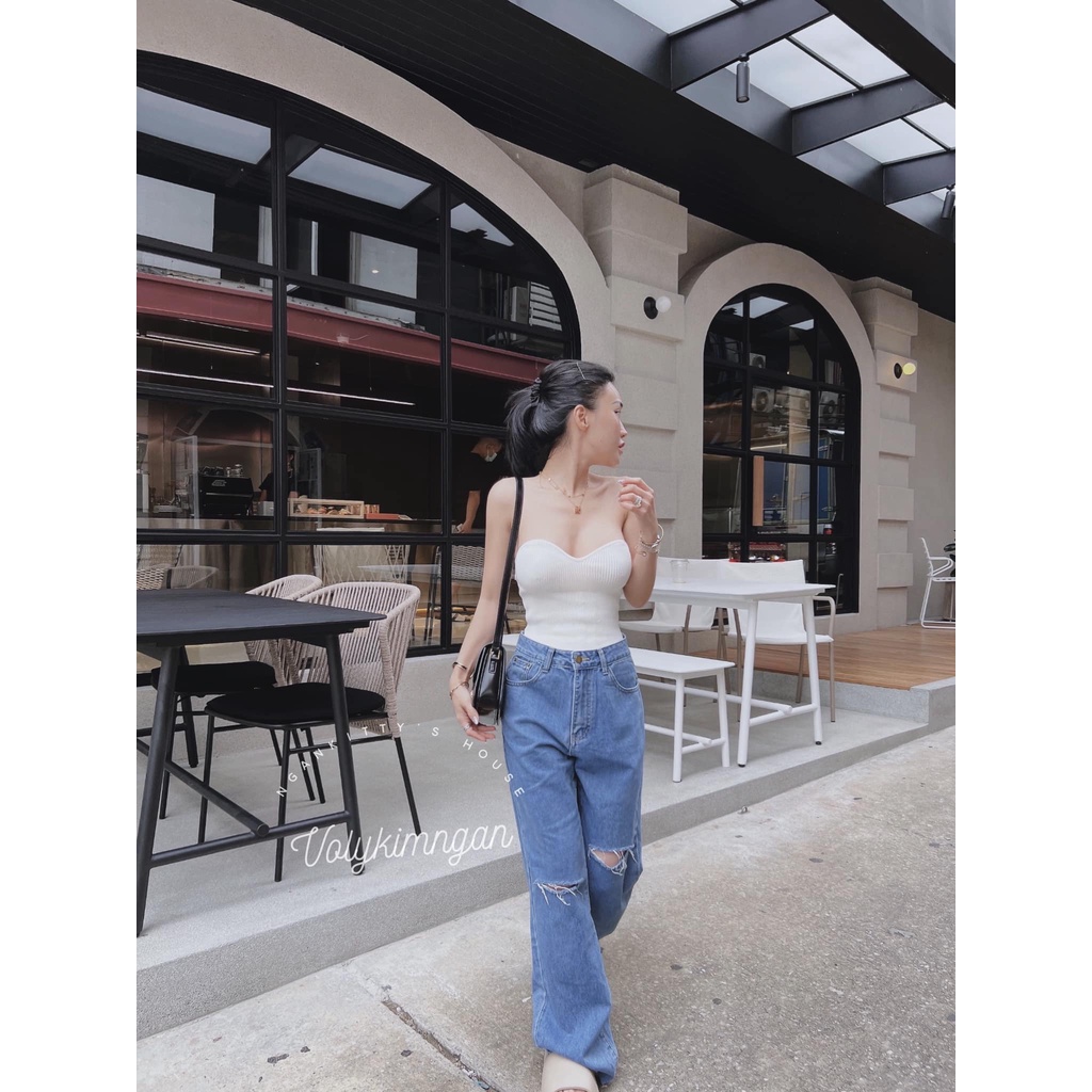 Quần jean suông rách hai bên