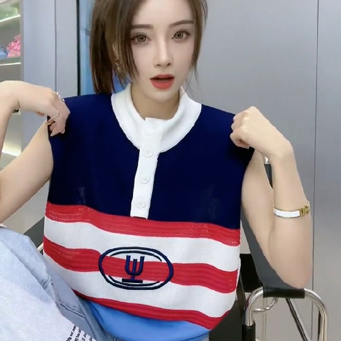 Áo kiểu ZHELIHANGFEI dệt kim sát nách cổ polo dáng rộng kẻ sọc cá tính thời trang