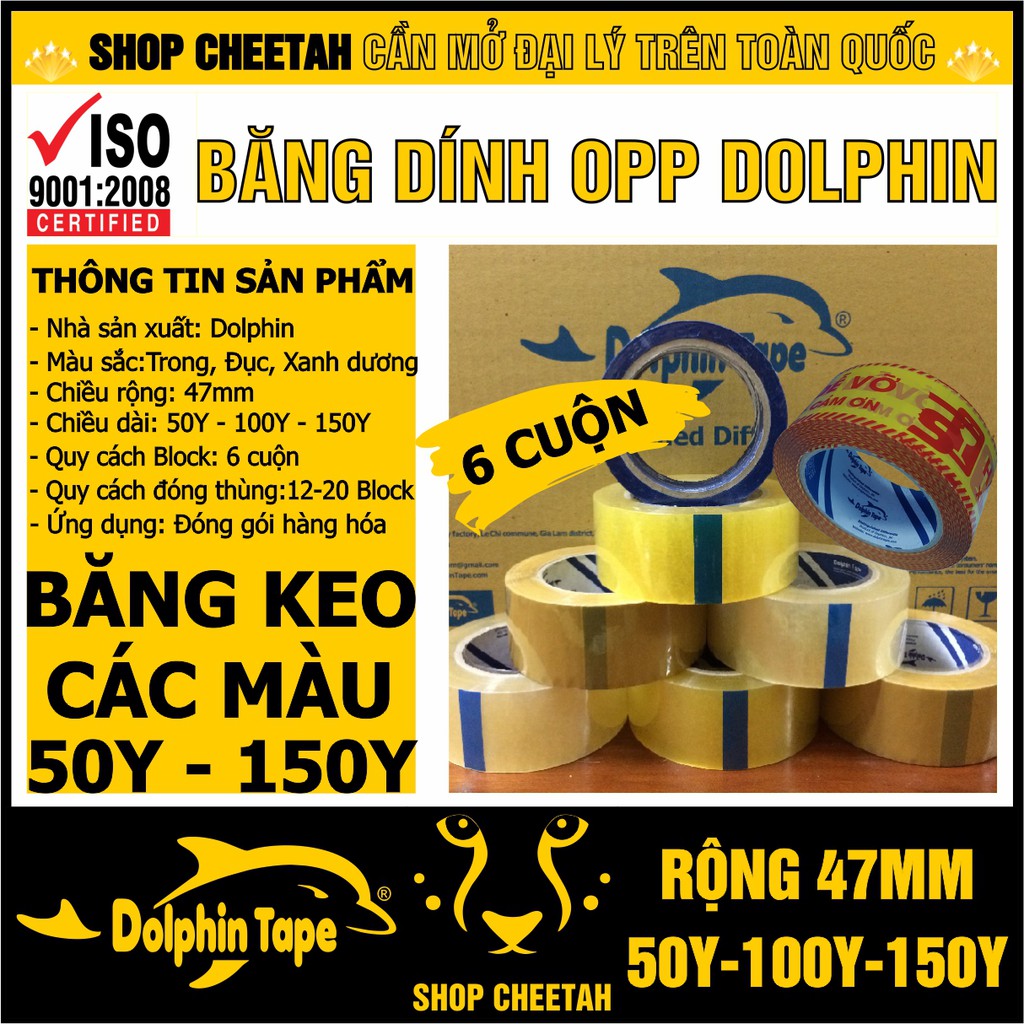 Block 6 cuộn băng dính OPP dài 150Y/100Y/50Y - Các màu Trong / Đục / Xanh dương / In chữ Hàng dễ vỡ – Băng dính Dolphin