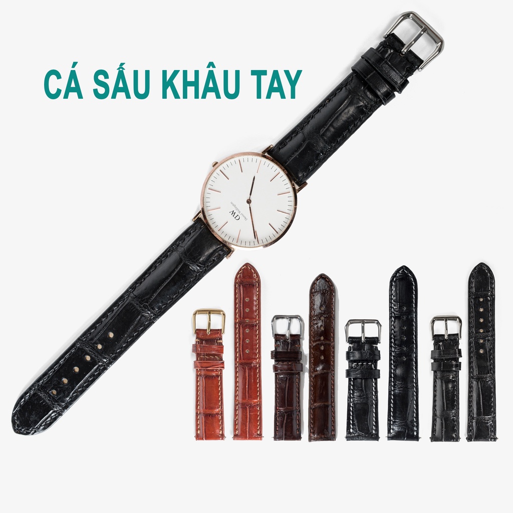 Dây đồng hồ nam da cá sấu đốt tre khâu tay thủ công D103-Bụi Leather size 18mm, 20mm, 22mm, 24mm