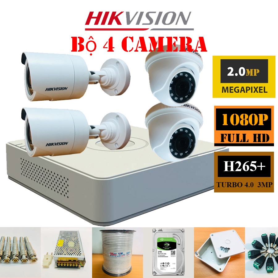 Trọn  Bộ Camera 4 Mắt Hikvision Chính Hãng 2Mp Full HD 1080P (FULL PHỤ KIỆN LẮP ĐẶT), Ổ Cứng tùy chọn