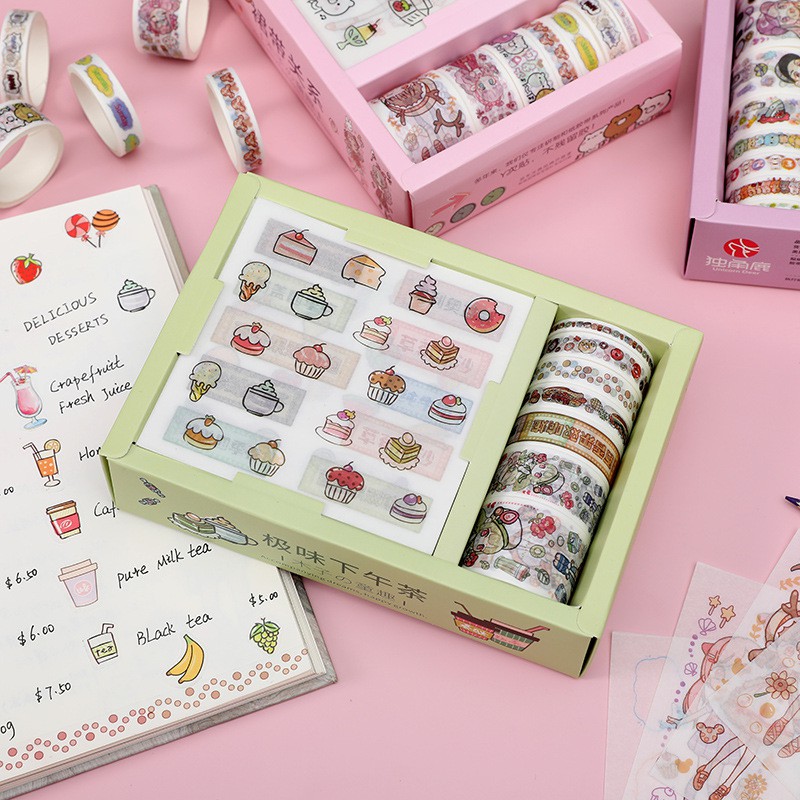 Hộp Sticker &amp; Washi dán nhiều chi tiết (9 Sticker &amp; 8 Washi tap)