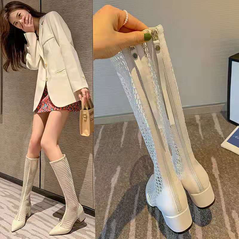 Xăng đan Gót Vừa Mũi Nhọn Phối Lưới Thời Trang Mùa Hè Cho Nữ