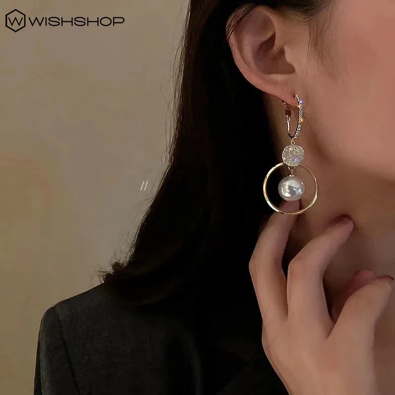 1 đôi bông tai dài hình tròn đính kim cương ngọc trai pha lê phong cách Hàn Quốc cổ điển cho cô dâu