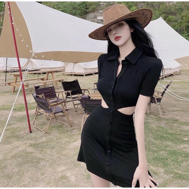 Đầm body đen khoét eo 2 bên
